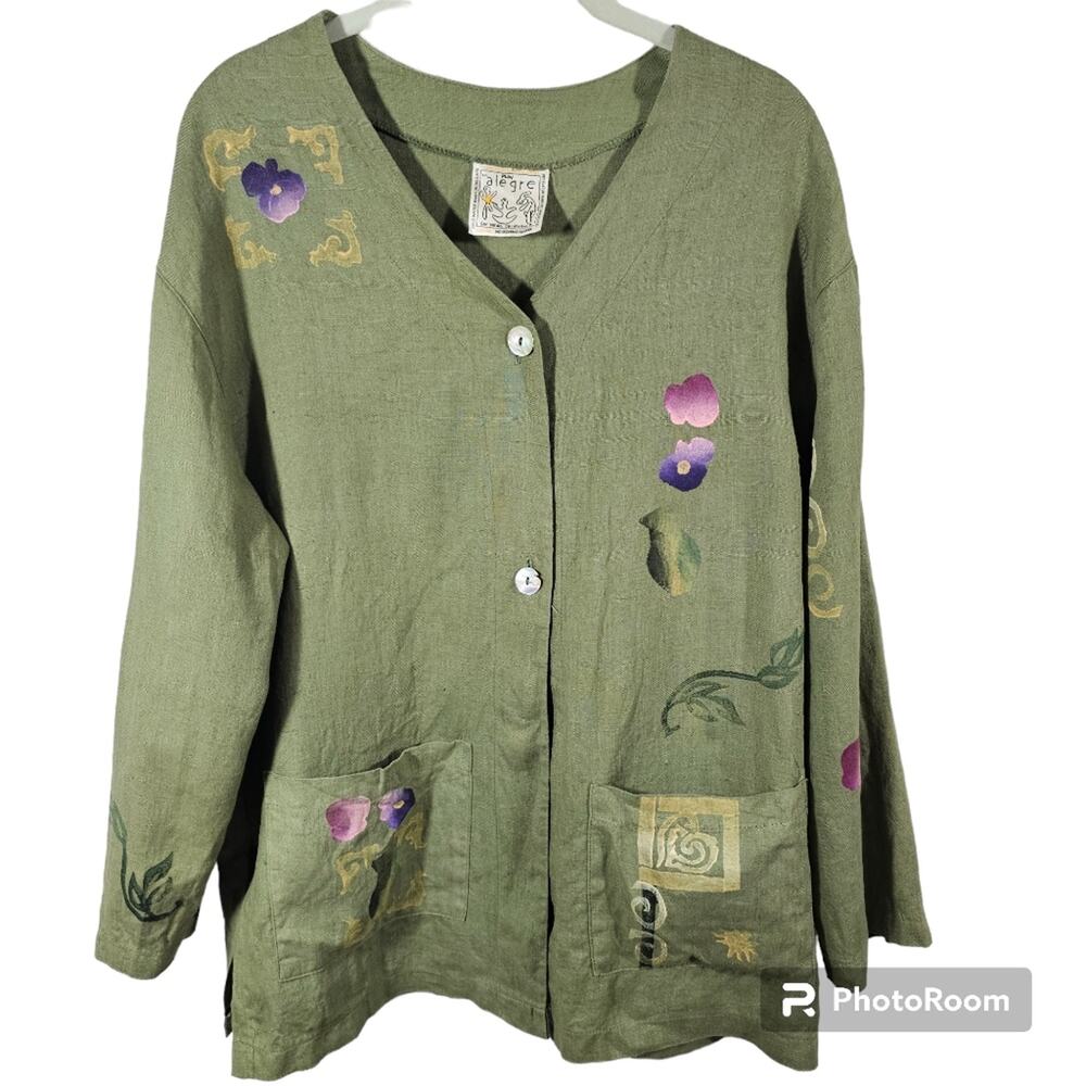 Play Alegre Hand-Painted  Lagenlook 100% Linen Women's Blouse Size ML